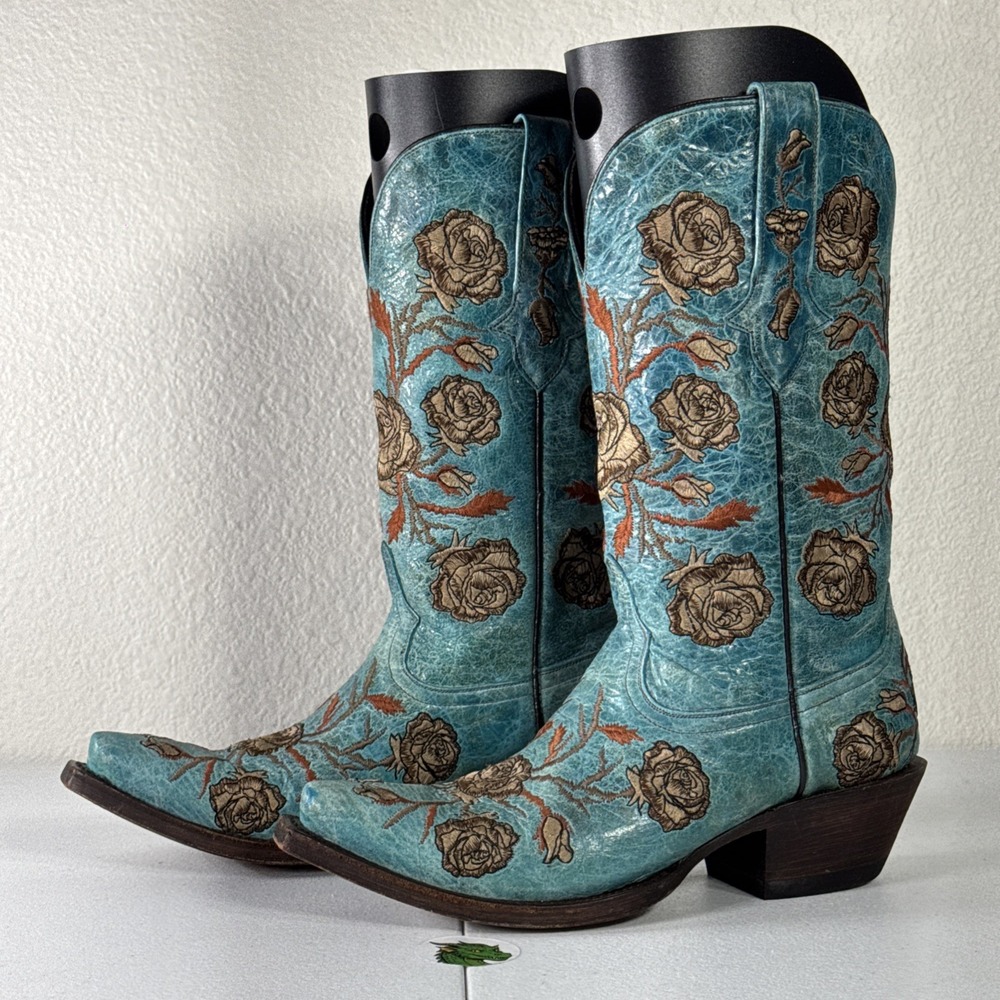 Lucchese Turquoise Cowboy Boots Womens 6 Distressed Embroidered Roses M5646 - Picture 2 of 16